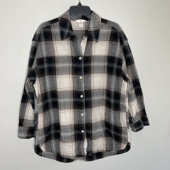 H&M Shirt Jacket Womens Small Brown Plaid Button Up Heavyweight Shacket Pockets - Picture 1 of 10